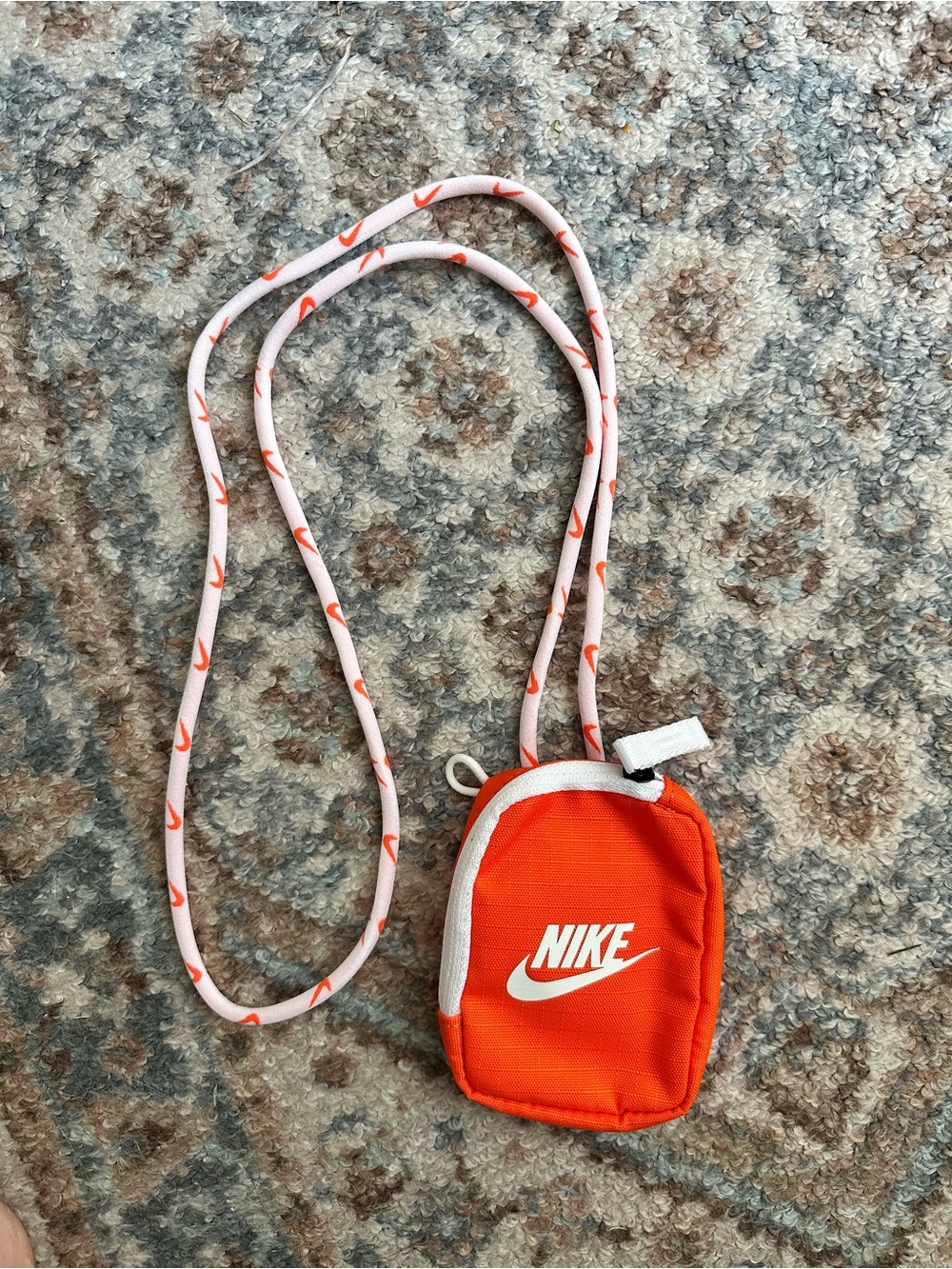 Nike Orange Mini Crossbody Pouch with Pink Logo Strap. Unisex Lanyard Pouch.